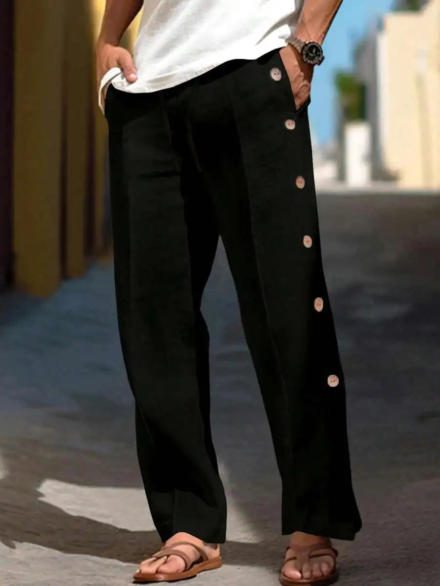 Mens Loose Fit Button Pocket Pants Casual Spring Autumn