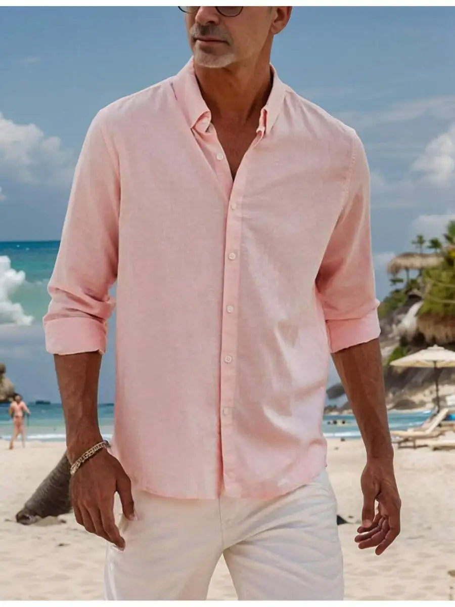 Mens Cotton Linen Button Down Shirt Casual Beachwear Long Sleeve