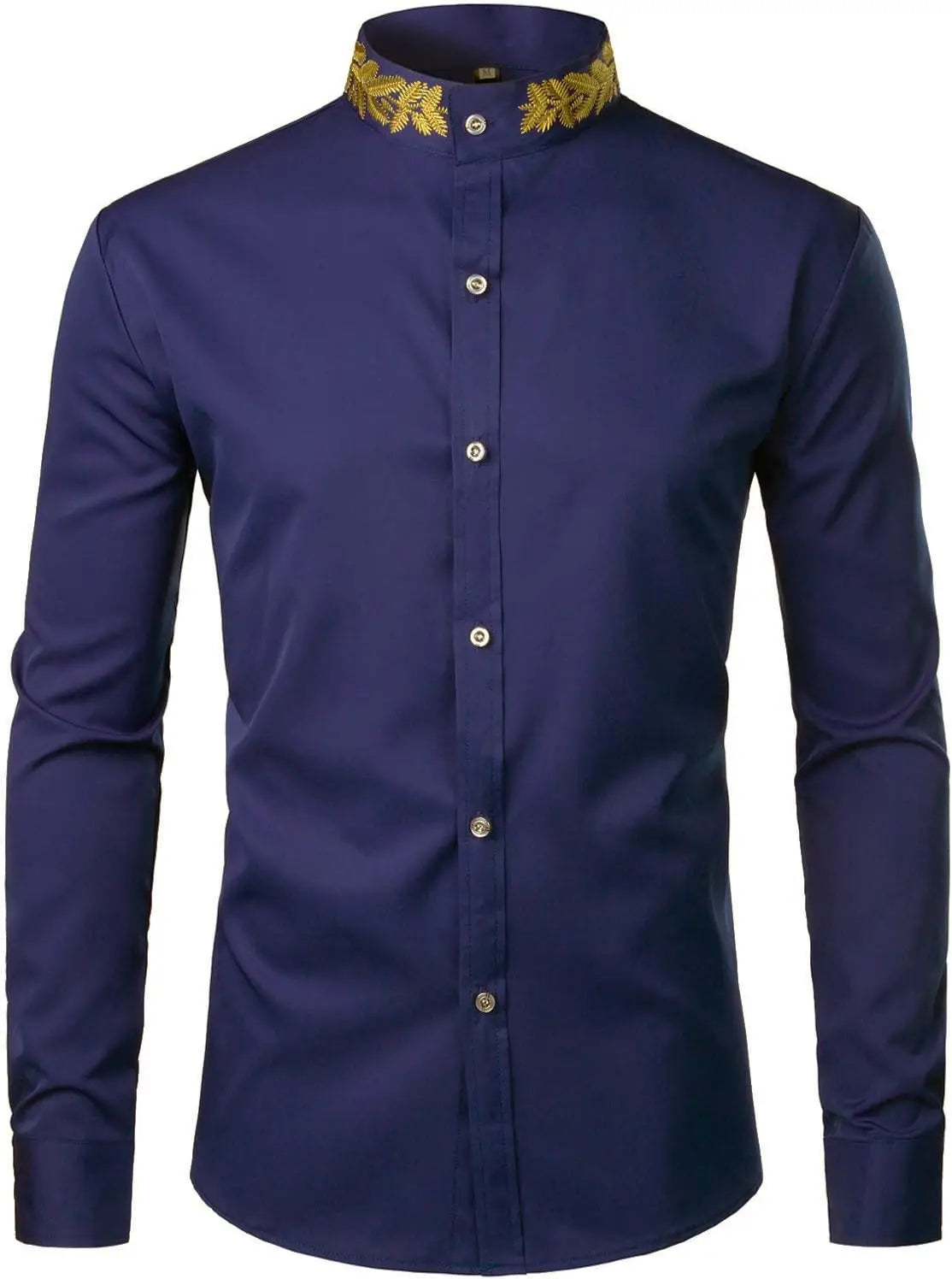 Mens Embroidery Mandarin Collar Slim Fit Long Sleeve Dress Shirt