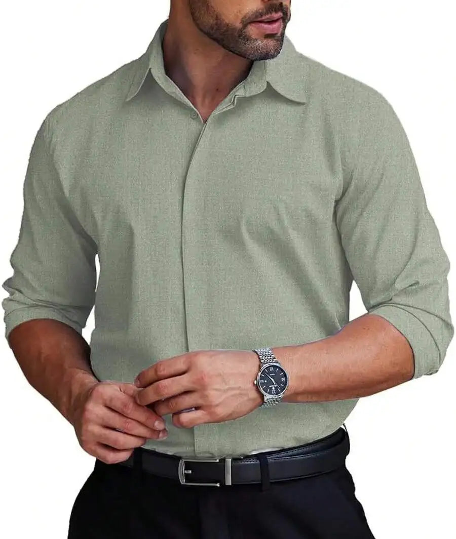 Mens Formal Dress Shirt Hidden Button Front Wrinkle Free Stretch Regular Fit