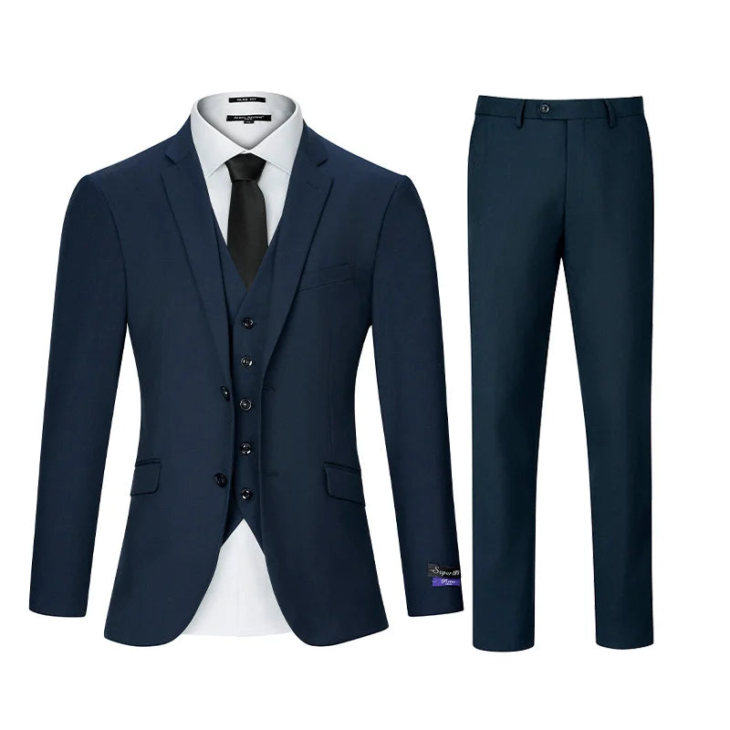 Mens Three Piece Solid Suit Set Regular Fit Button Details