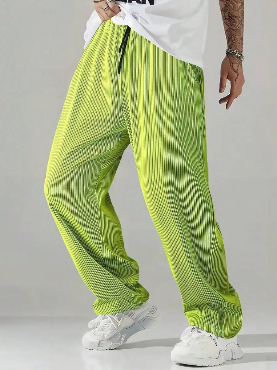 Mens Pleated Striped Loose Fit Drawstring Waist Trousers For Casual Streetwear And Travel Use