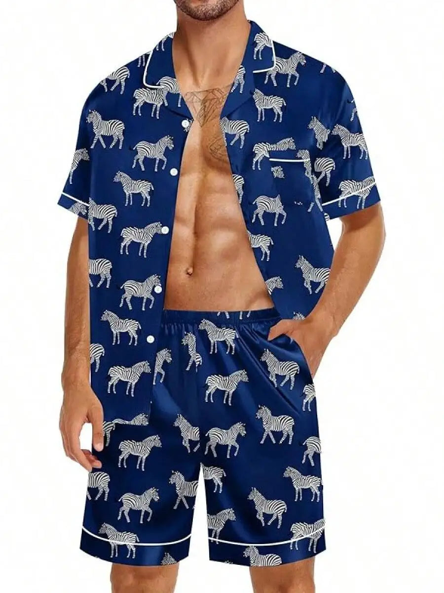 Mens Satin Silk Pajama Set Short Sleeve Button Down Sleepwear With Pocket