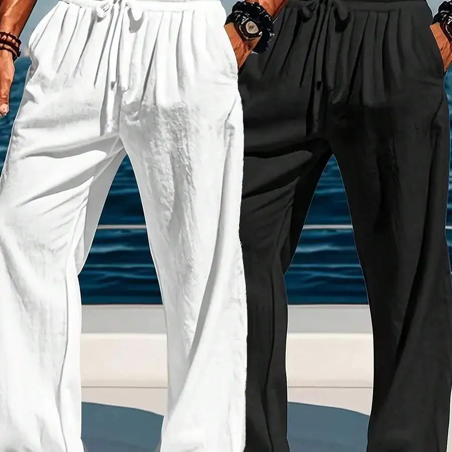2pcs Mens Lightweight Linen Wide-Leg Drawstring Pants For Summer Beach And Leisure Wear, Machine Washable Solid Color