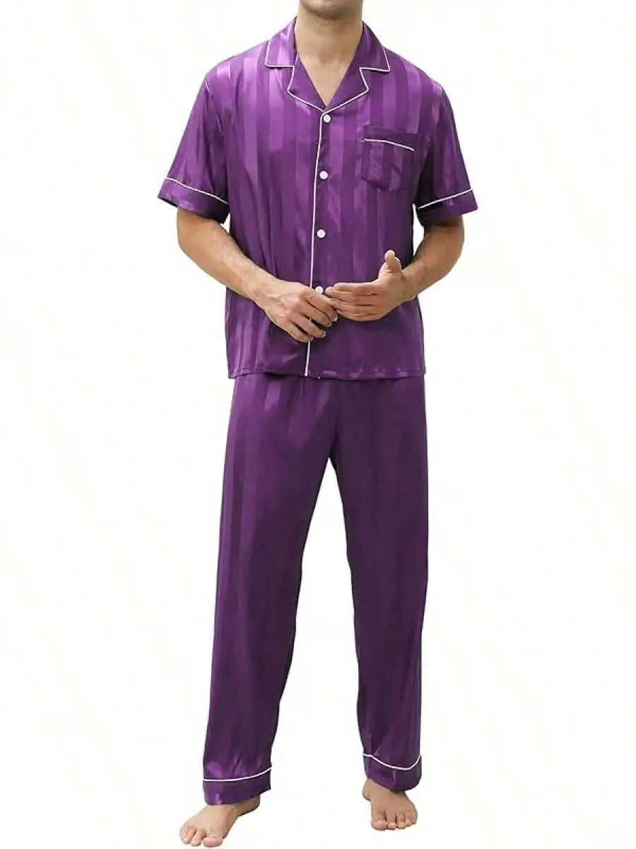 Mens Silk Satin Pajama Set Short Sleeve Button Down Loungewear