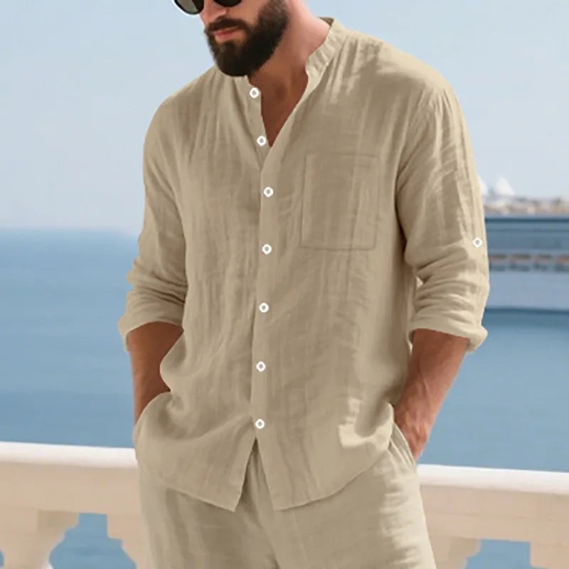 Mens Linen Button Down Shirt With Mandarin Collar Chest Pocket