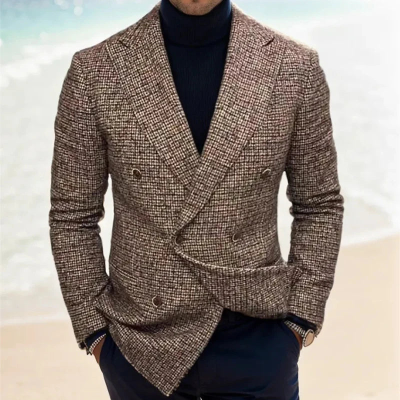 Men's Classic Plaid Blazer Jacket Notched Lapel With Button Closure