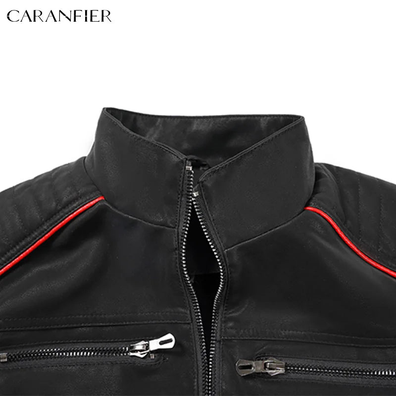 Caranfier Mens Leather Jacket Motorcycle Biker Coat