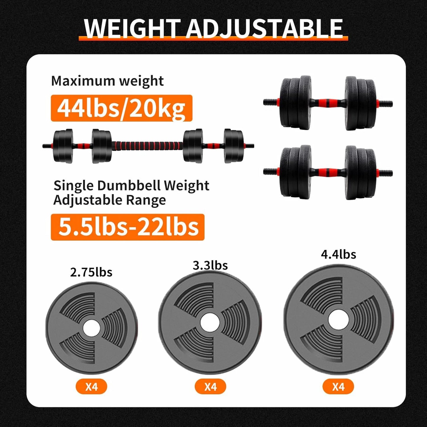 Adjustable 5 To 44 Lbs Dumbbell Barbell Set With Anti Slip Grip Home Gym