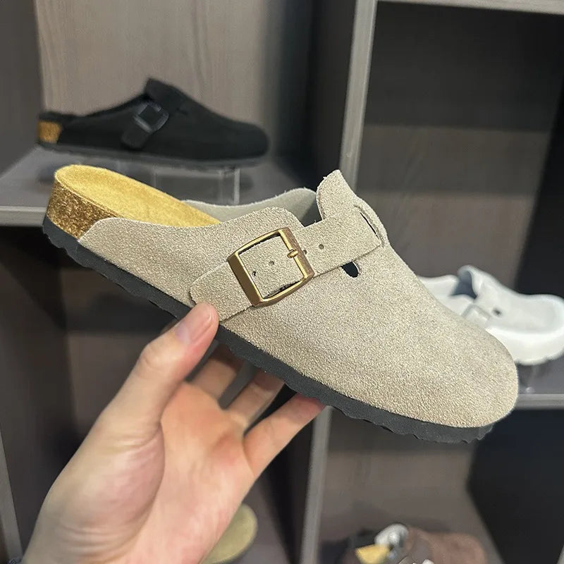 Unisex Suede Leather Clogs With Cork Footbed And Anti Slip