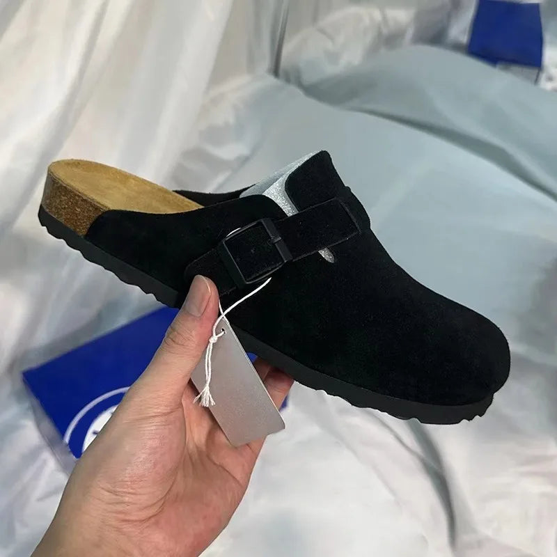 Unisex Suede Leather Clogs With Cork Footbed And Anti Slip