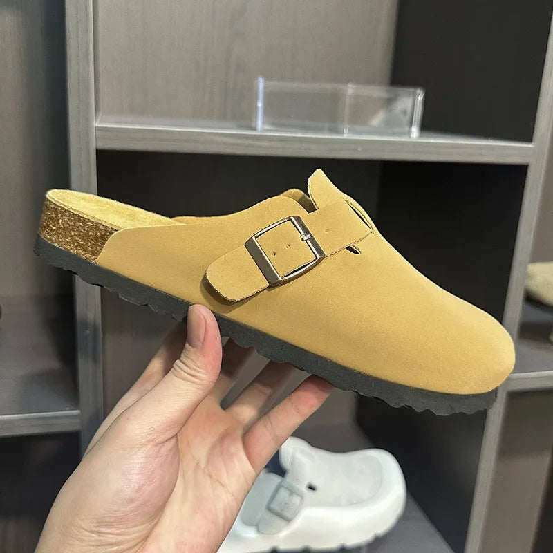 Unisex Suede Leather Clogs With Cork Footbed And Anti Slip