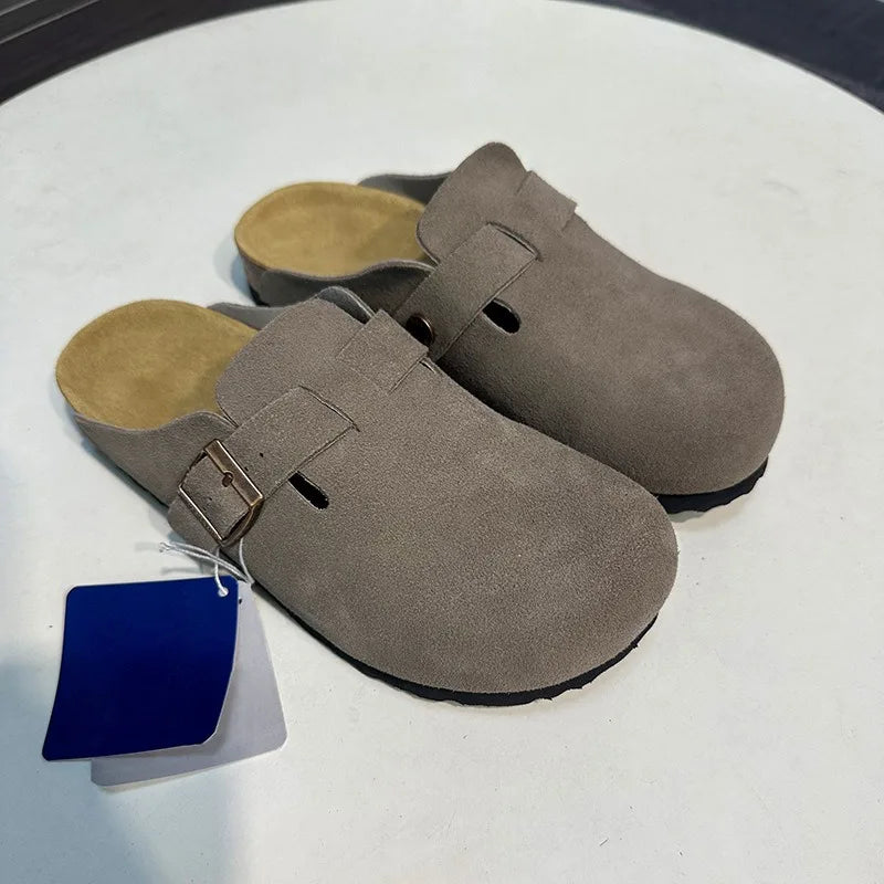 Unisex Suede Leather Clogs With Cork Footbed And Anti Slip