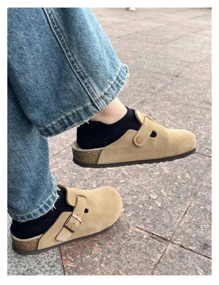 Unisex Suede Leather Clogs With Cork Footbed And Anti Slip