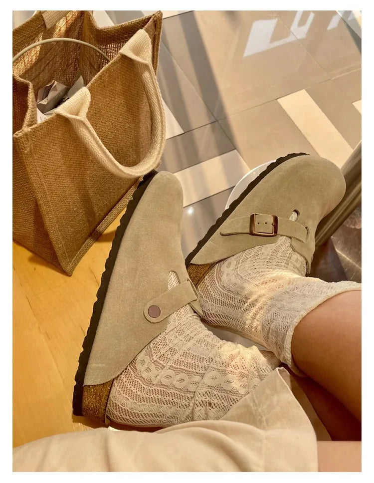 Unisex Suede Leather Clogs With Cork Footbed And Anti Slip