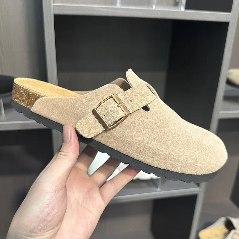 Unisex Suede Leather Clogs With Cork Footbed And Anti Slip