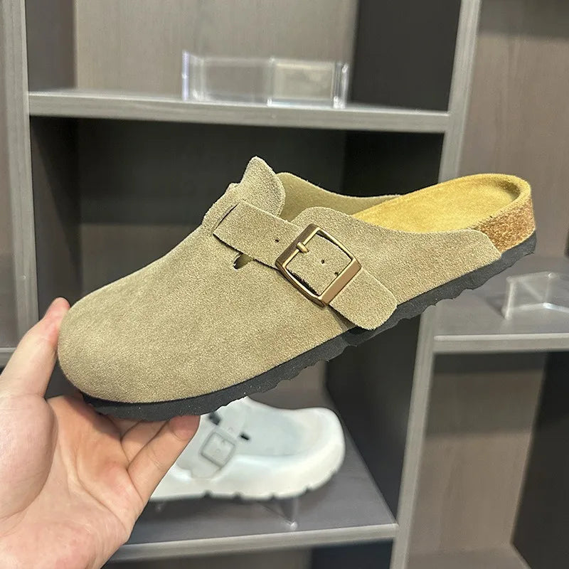 Unisex Suede Leather Clogs With Cork Footbed And Anti Slip