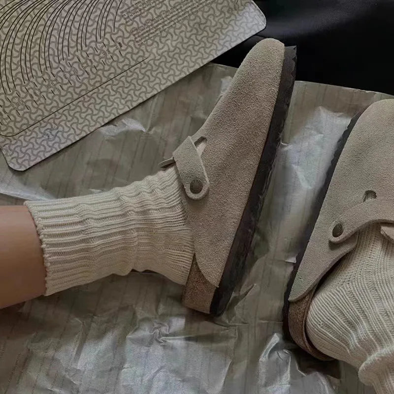 Unisex Suede Leather Clogs With Cork Footbed And Anti Slip