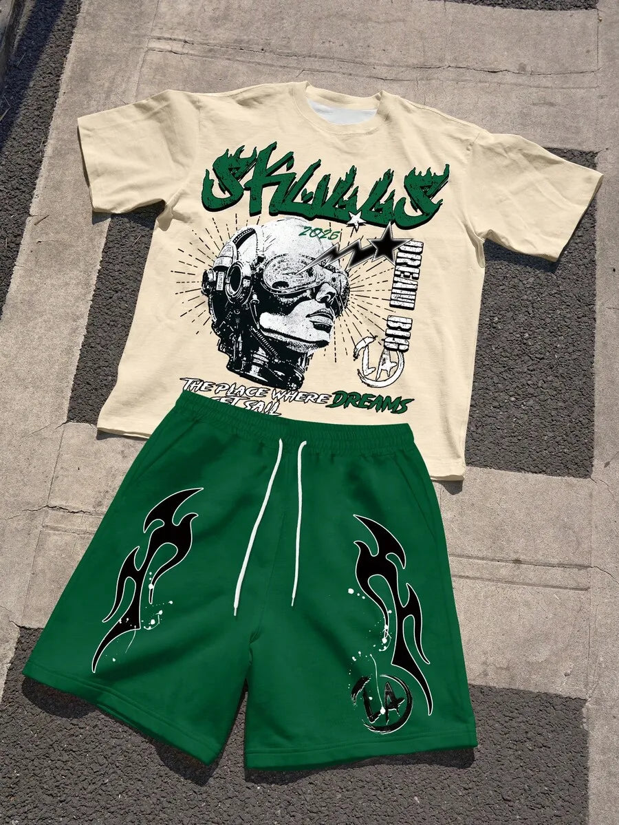 Mens Graphic Print Short Sleeve T Shirt Drawstring Shorts Set