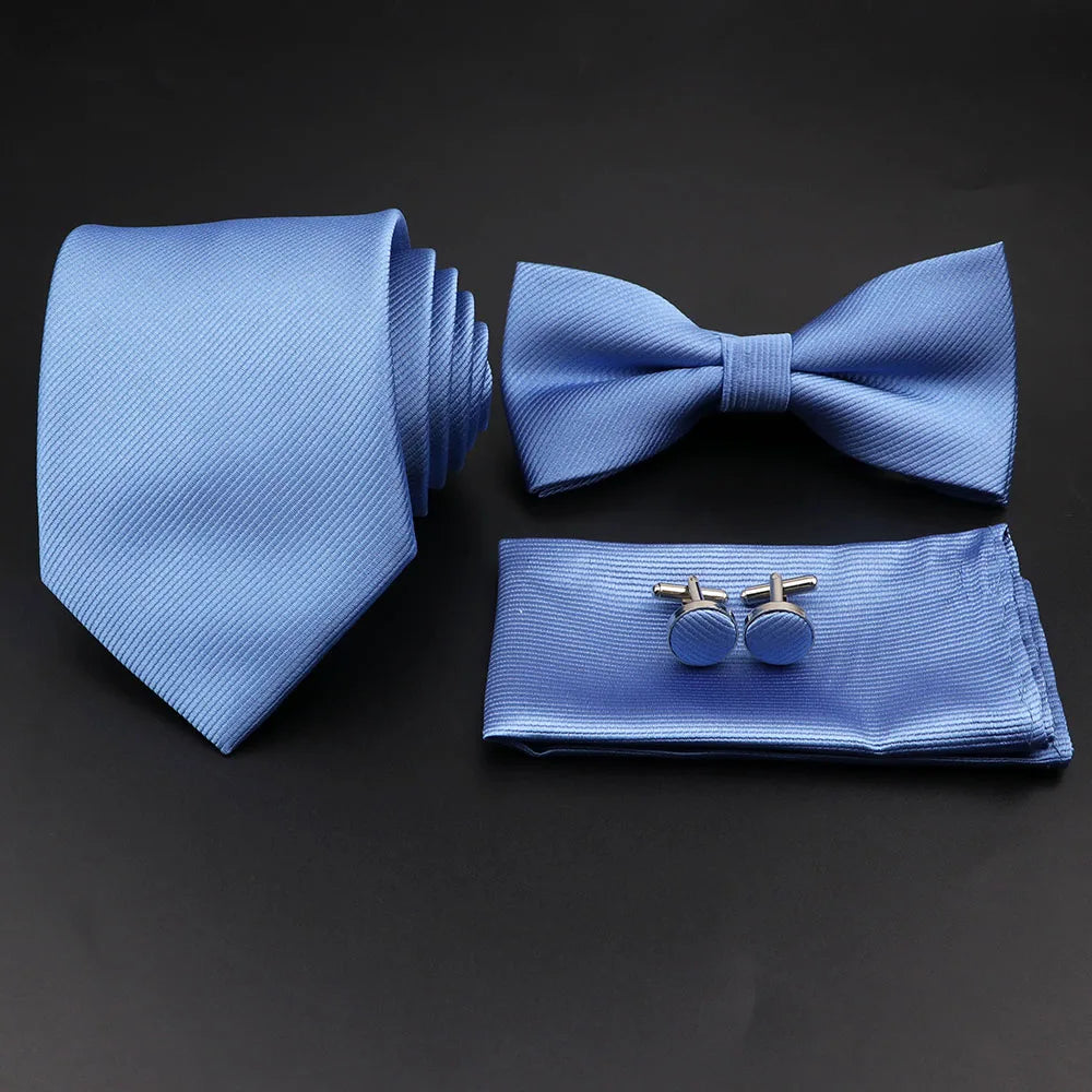 Polyester Slim Striped Tie Set With Bow Tie And Cufflinks For Groom