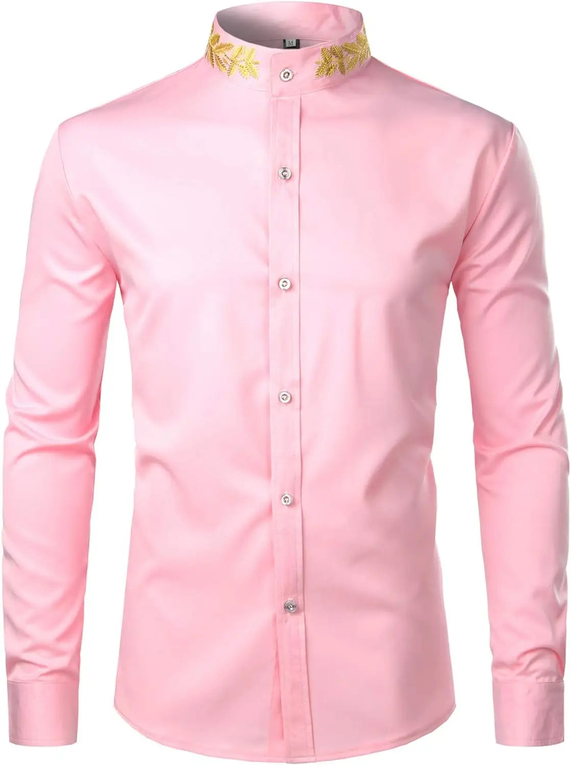 Mens Embroidery Mandarin Collar Slim Fit Long Sleeve Dress Shirt