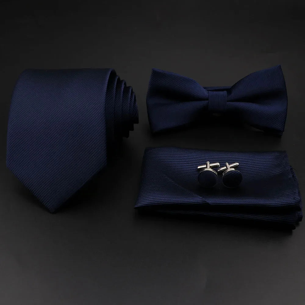 Polyester Slim Striped Tie Set With Bow Tie And Cufflinks For Groom