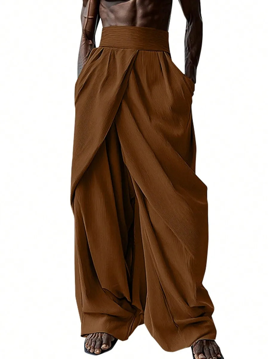 Men High Waist Pleated Wide Leg Palazzo Trousers Casual Loose Long Pants