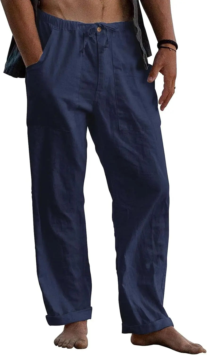 Mens Linen Pants With Elastic Waist Drawstring Loose Fit Beachwear Pockets
