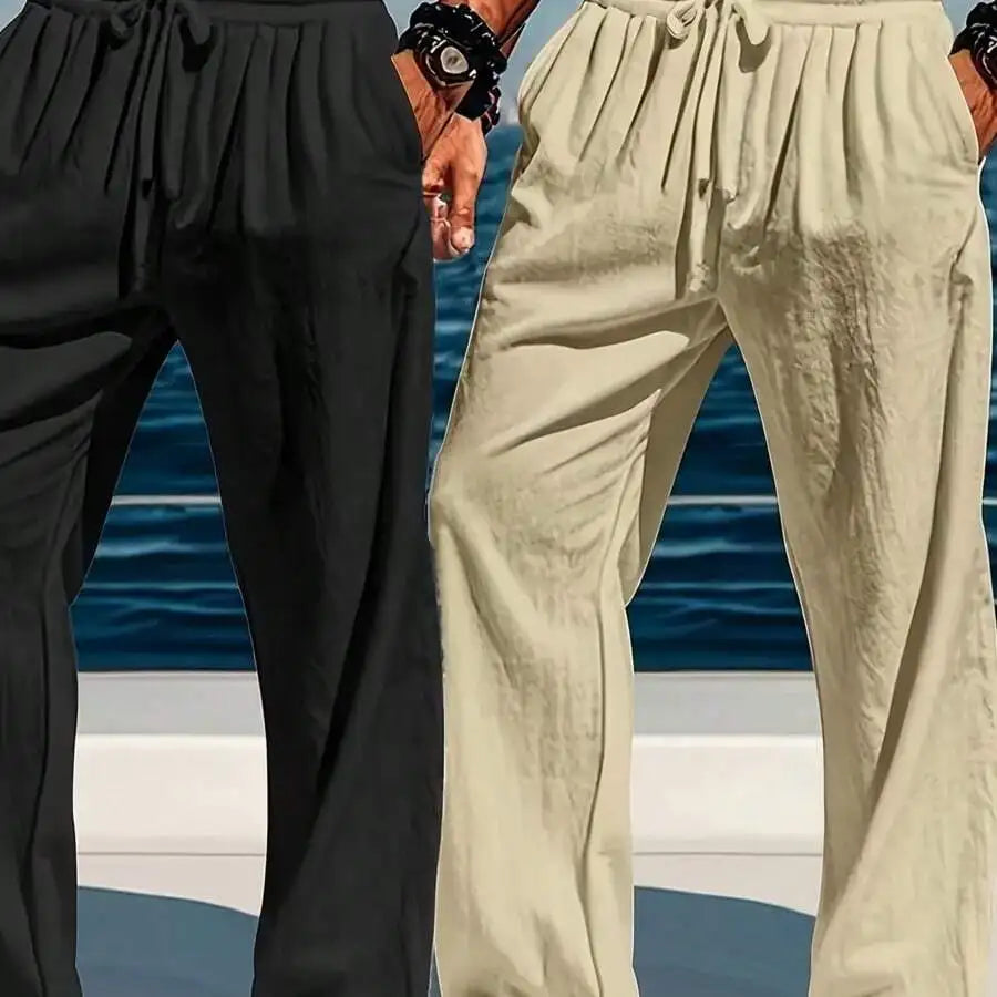 2pcs Mens Lightweight Linen Wide-Leg Drawstring Pants For Summer Beach And Leisure Wear, Machine Washable Solid Color