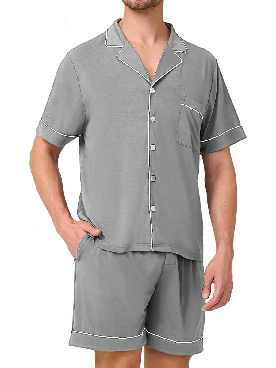 Men's Pajama Set Short Sleeve Button Down Shirt With Pocket Elastic Waist Shorts