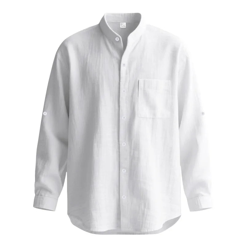 Mens Linen Button Down Shirt With Mandarin Collar Chest Pocket