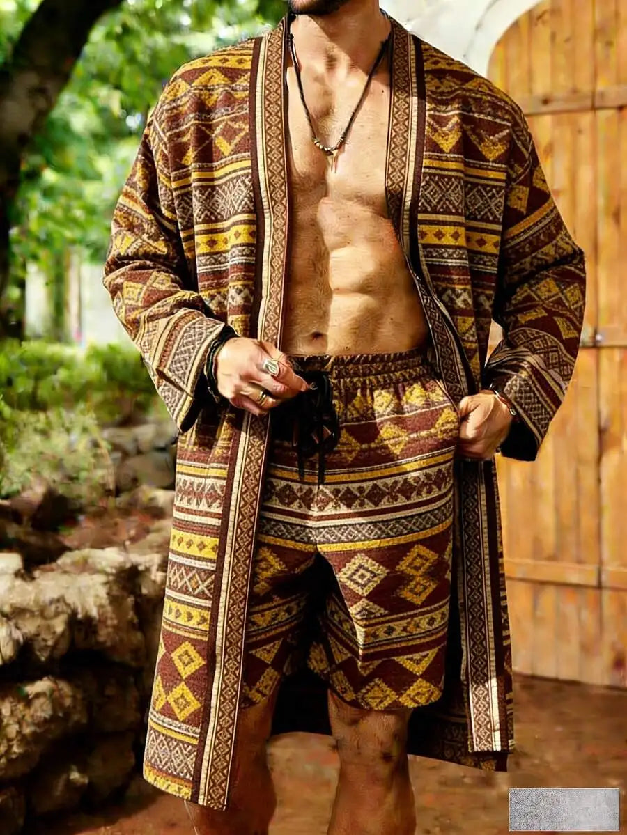 Mens Resort Style Robe And Shorts Set Comfortable Lounge Wear