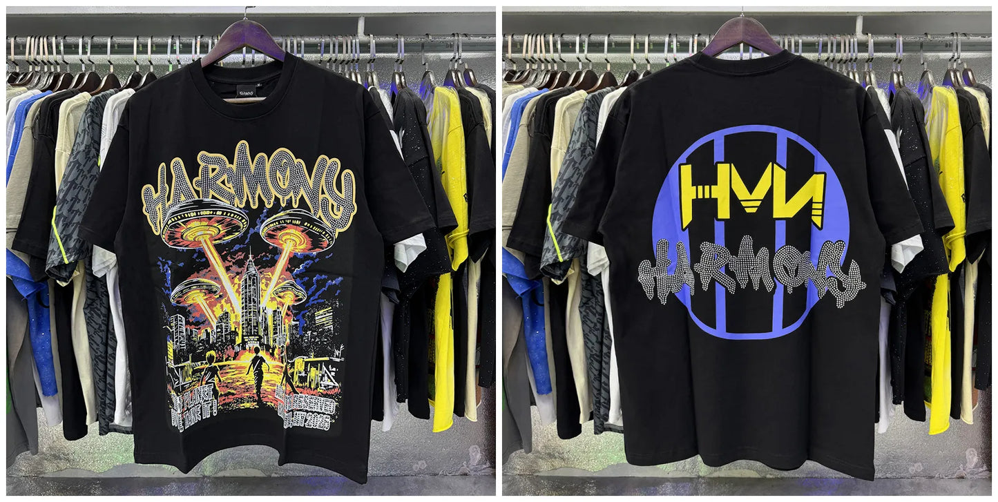 New Y2K HARMONY hotfix rhinestone logo T-shirts 100% cotton Men Women Pure Cotton American Retro Black Oversized T Shirt Street trendy T-shirt