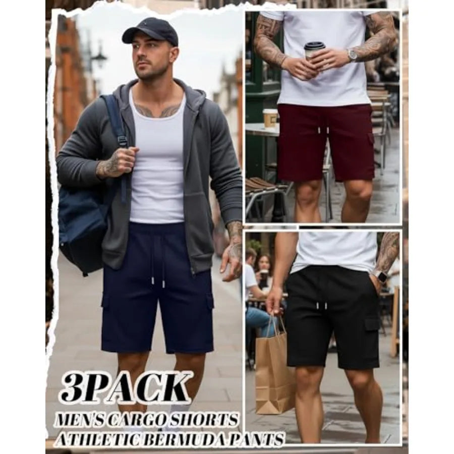 Mens Cargo Shorts 3 Pack Athletic Shorts With Drawstring Elastic Waist Pockets