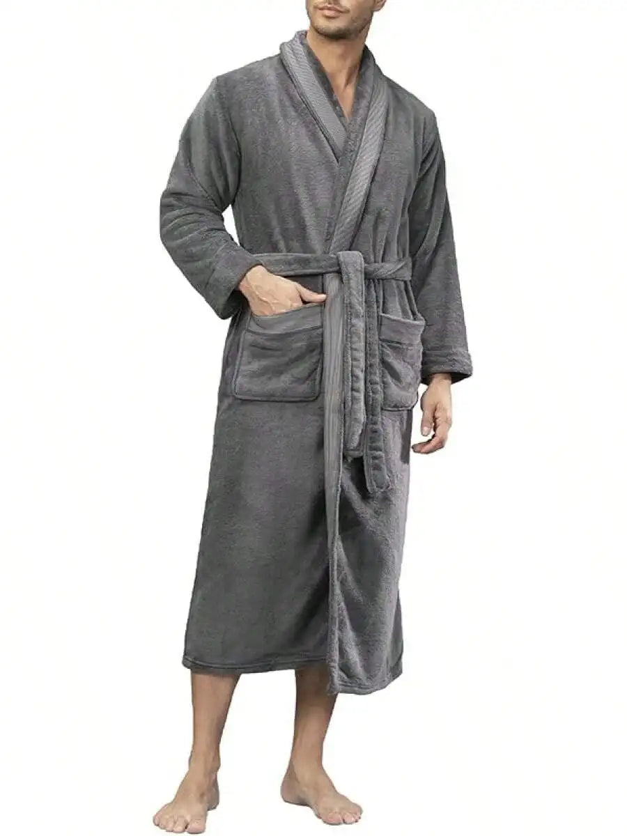 Mens Soft Fleece Plush Full Length Bathrobe With Hood