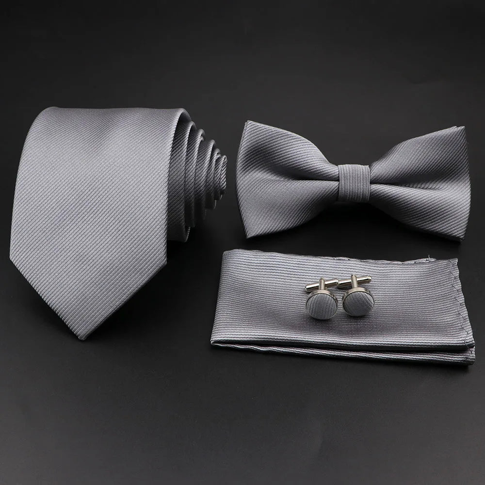 Polyester Slim Striped Tie Set With Bow Tie And Cufflinks For Groom