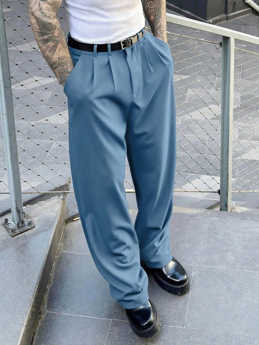 Men's Pleated Loose Straight Leg Trousers Twill Casual Business Pants