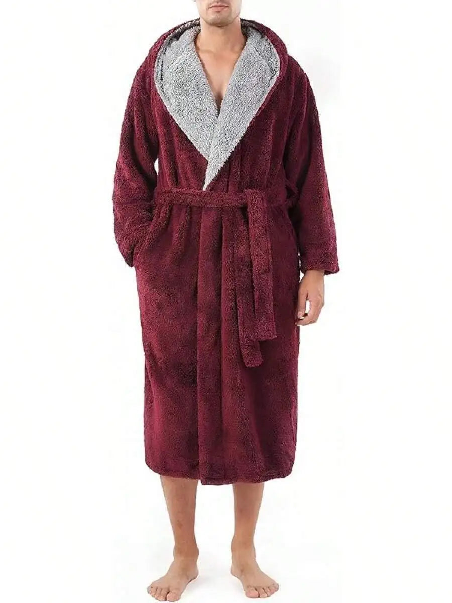 Mens Soft Fleece Plush Full Length Bathrobe With Hood