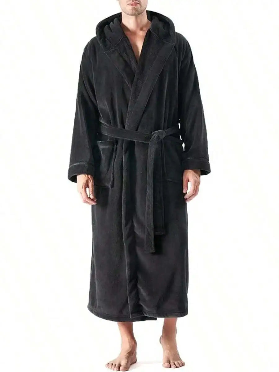 Mens Soft Fleece Plush Full Length Bathrobe With Hood