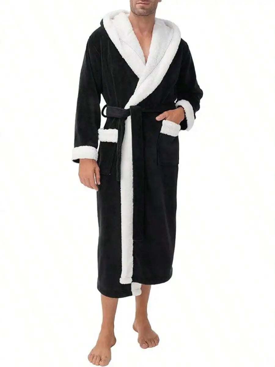 Mens Soft Fleece Plush Full Length Bathrobe With Hood