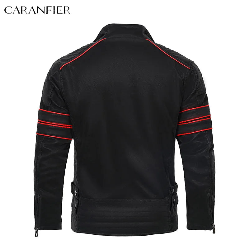 Caranfier Mens Leather Jacket Motorcycle Biker Coat