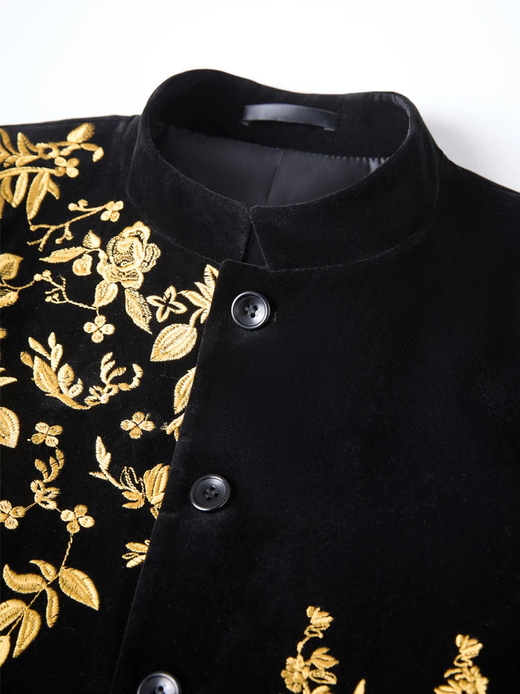 Men's Velvet Blazer With Gold Floral Embroidery Slim Fit Jacket