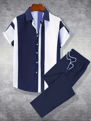 Printed Men's Summer Short-Sleeved Button-Down Shirt and Pants Set