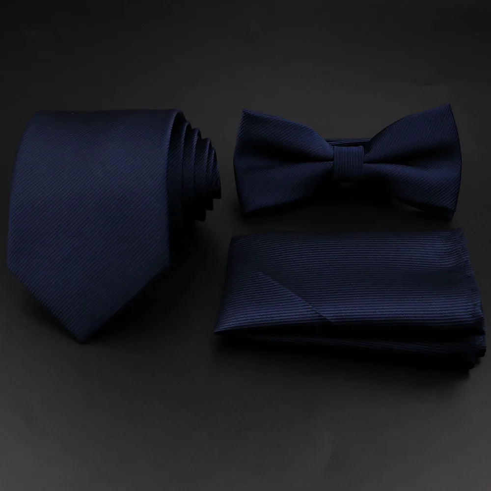 Polyester Slim Striped Tie Set With Bow Tie And Cufflinks For Groom