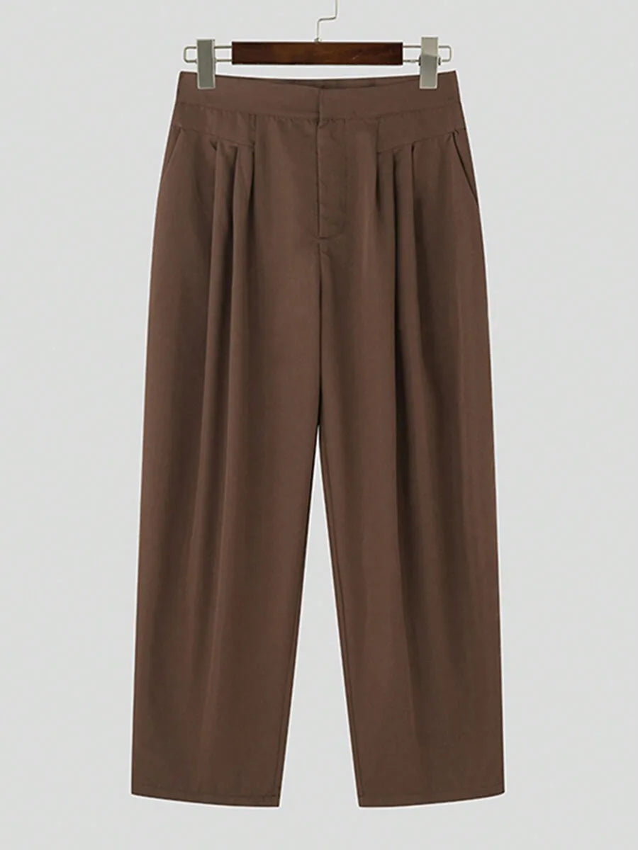 Mens High Waist Pleated Wide Leg Chino Pants Casual Solid Long Trousers