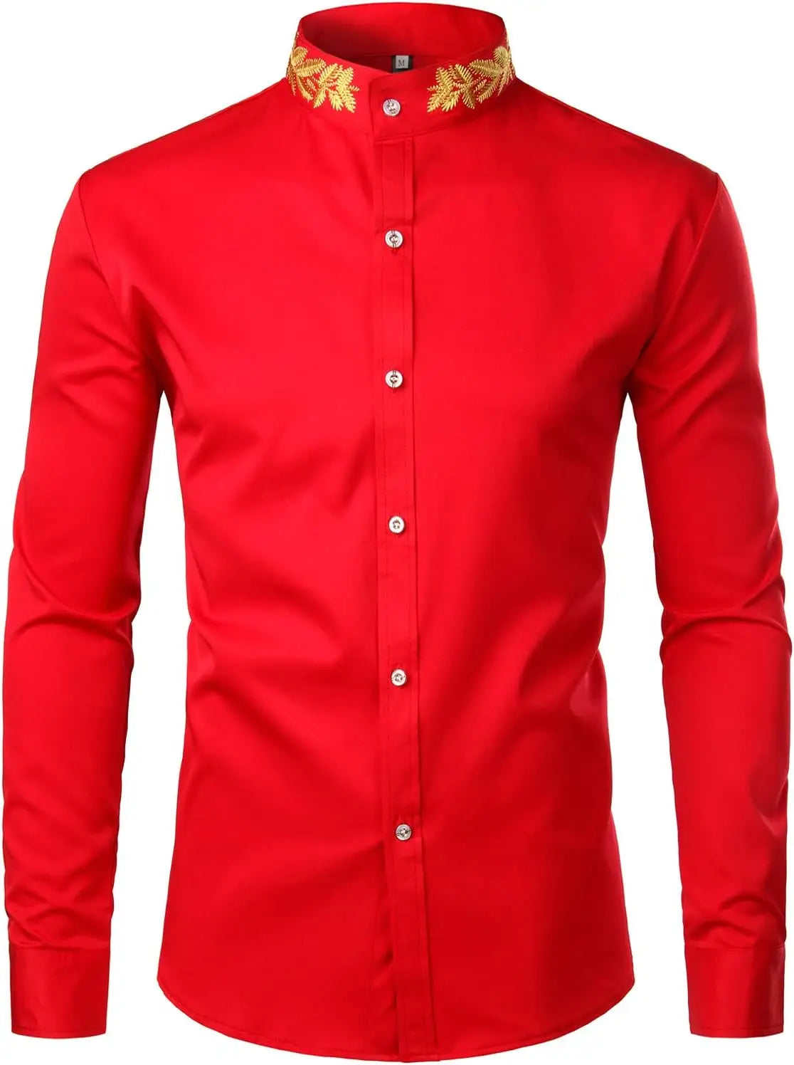 Mens Embroidery Mandarin Collar Slim Fit Long Sleeve Dress Shirt