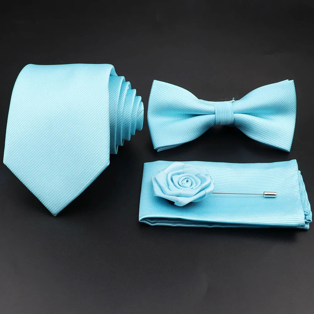 Polyester Slim Striped Tie Set With Bow Tie And Cufflinks For Groom