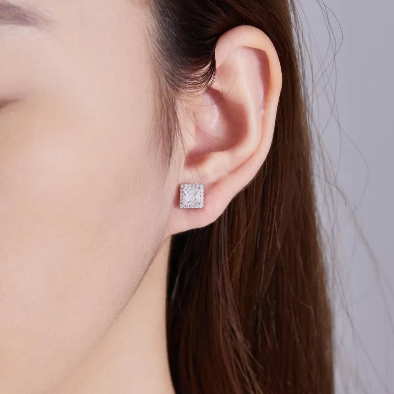 Moissanite Halo Princess Cut Stud Earrings 925 Sterling Silver