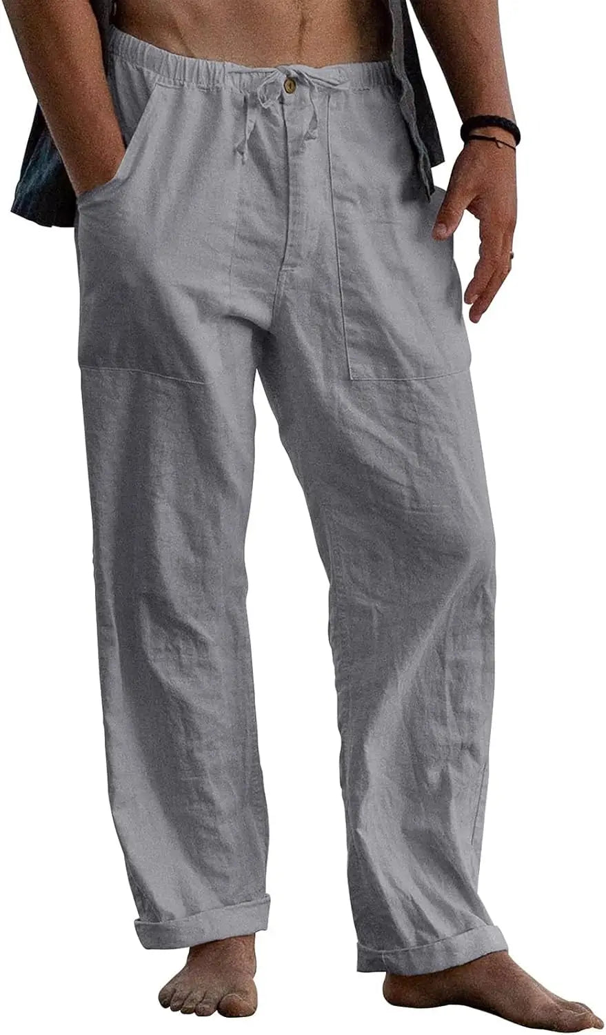Mens Linen Pants With Elastic Waist Drawstring Loose Fit Beachwear Pockets