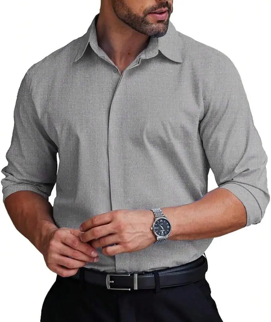 Mens Formal Dress Shirt Hidden Button Front Wrinkle Free Stretch Regular Fit